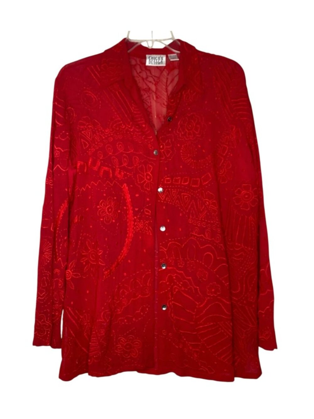 Red Burnout Velvet Tunic Whimsigoth Vampy gothic Blouse Vintage Chico’s size 1